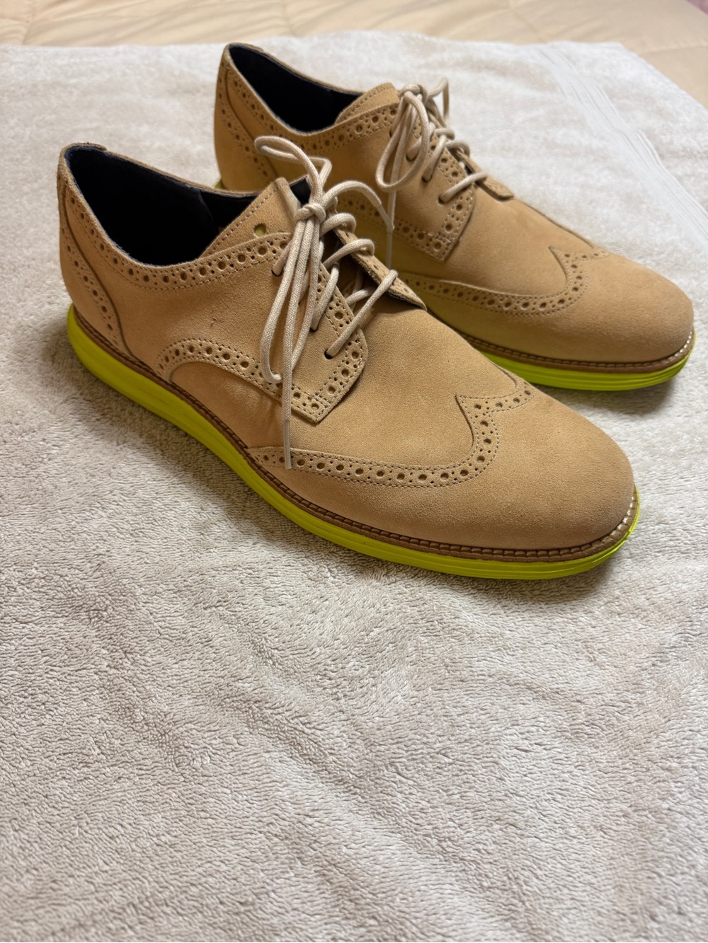 Men's Suede Wingtip Oxford in Tan with Lime Accent Sole